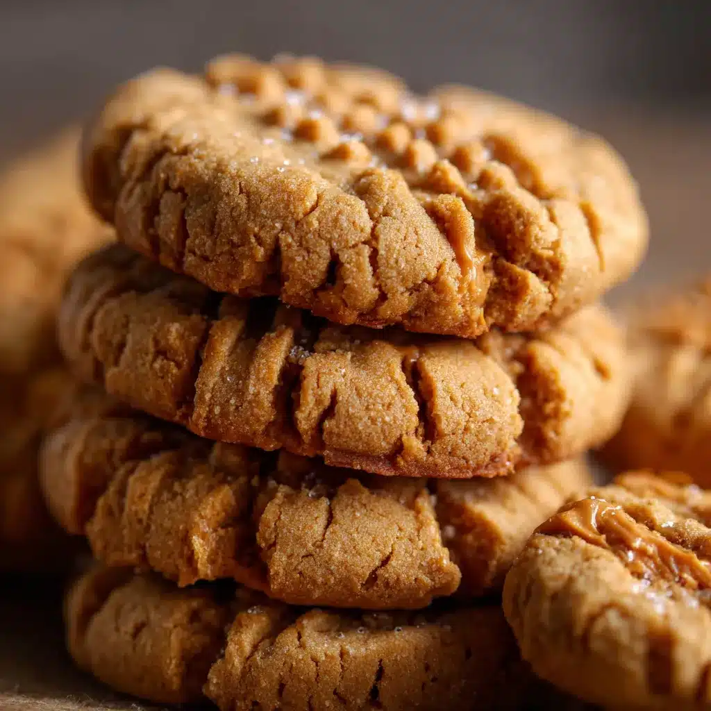 Close-up of thick and chewy peanut butter cookies on a cooling rack with crisscross fork marks.