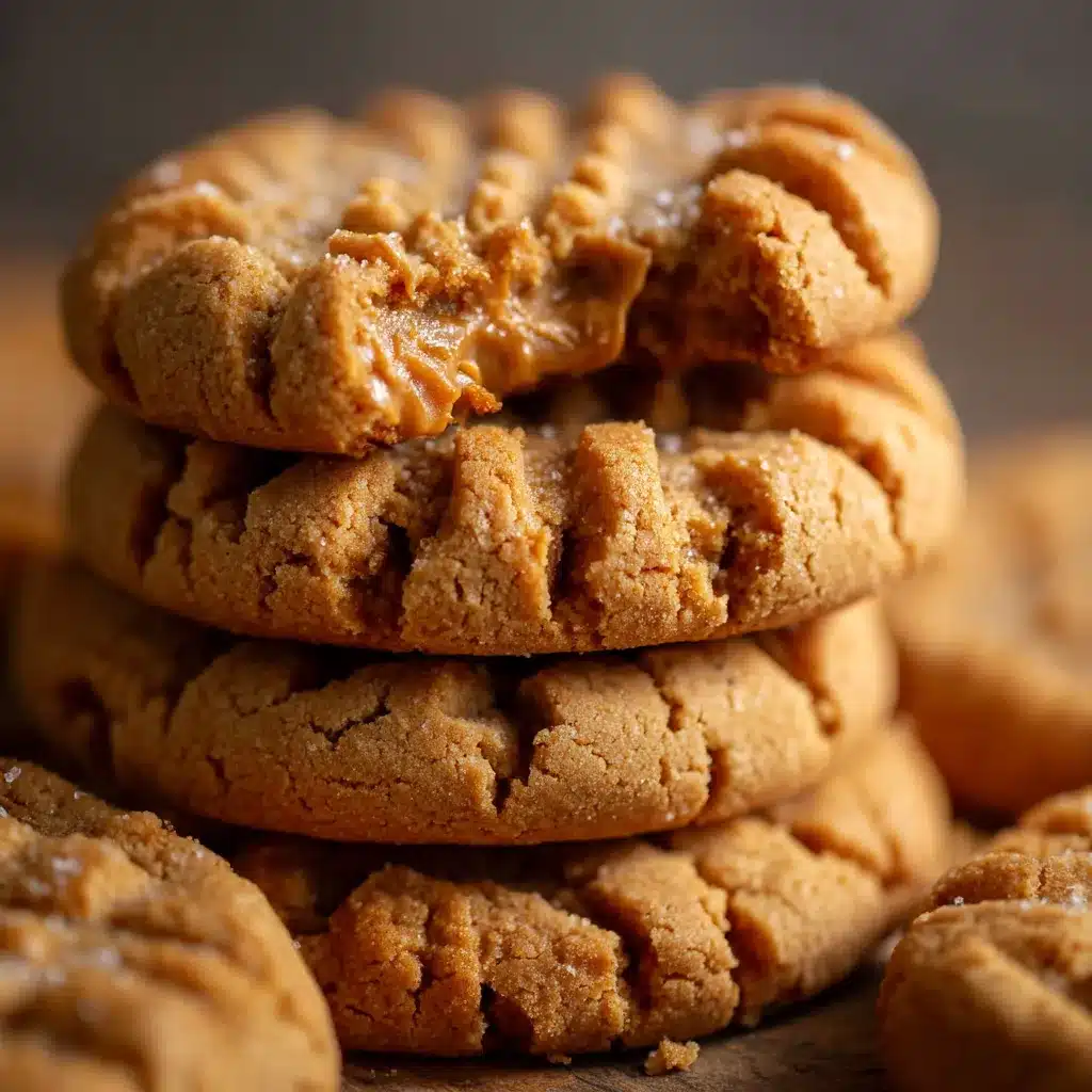 Close-up of thick and chewy peanut butter cookies on a cooling rack with crisscross fork marks.