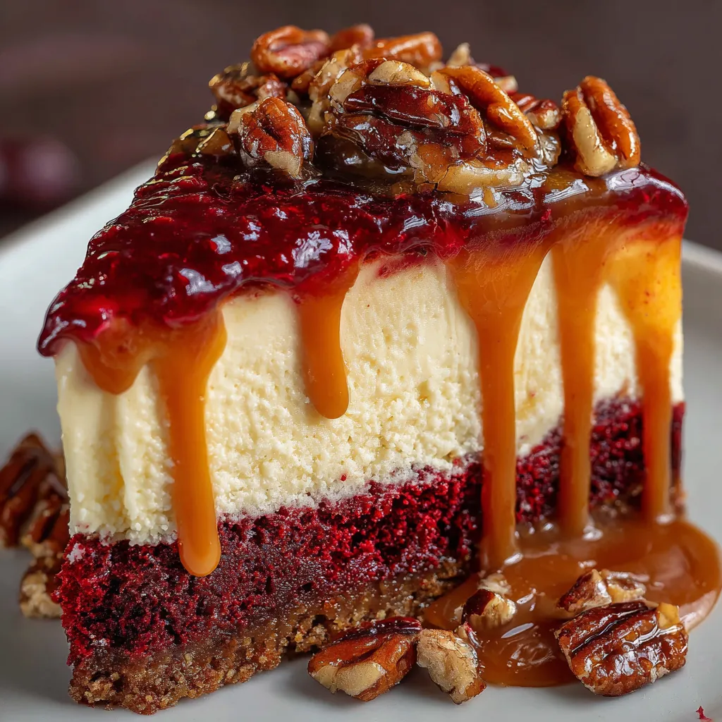 Red velvet cheesecake slice with caramel, pecans, and raspberry drizzle for a vampire bite effect.