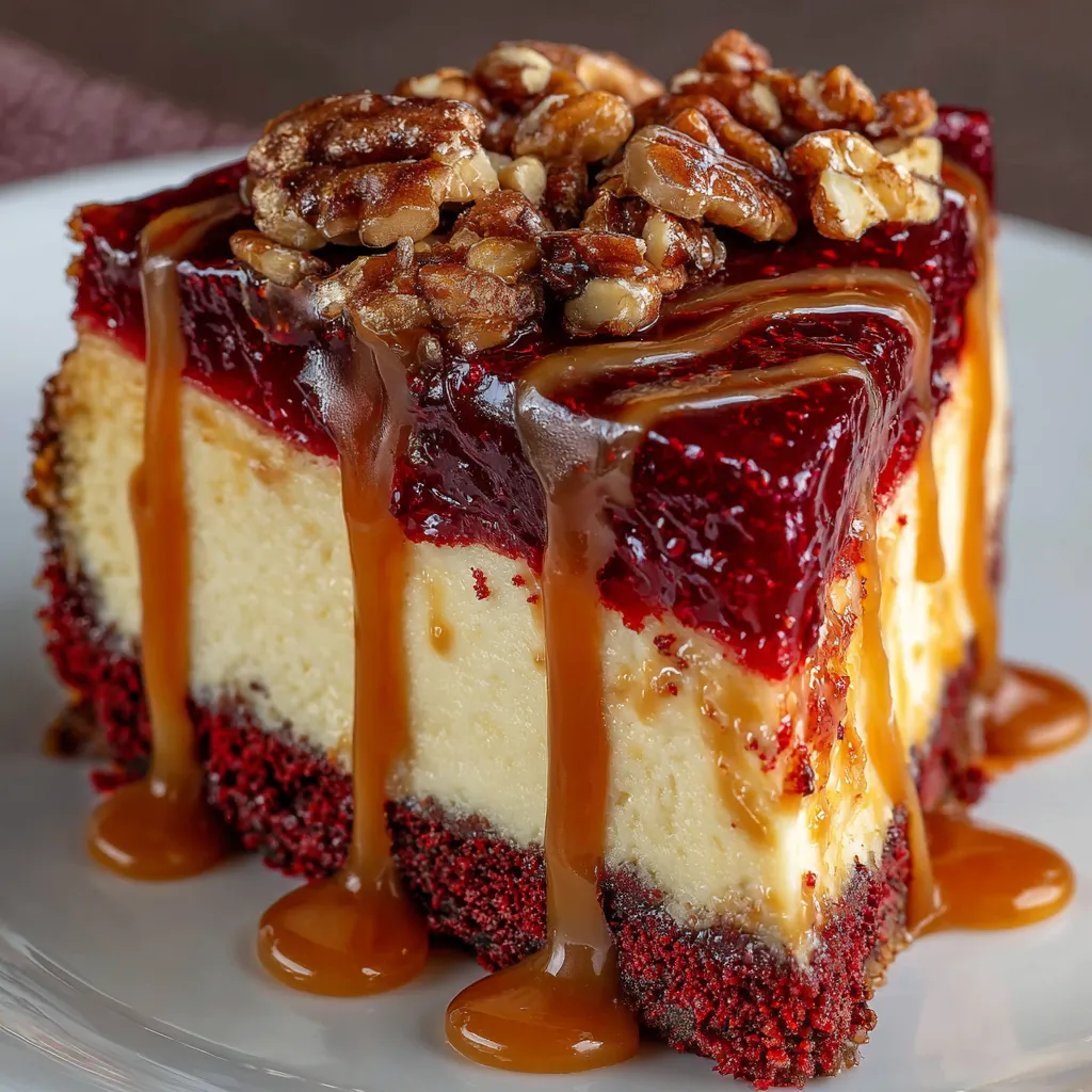 Red velvet cheesecake slice with caramel, pecans, and raspberry drizzle for a vampire bite effect.