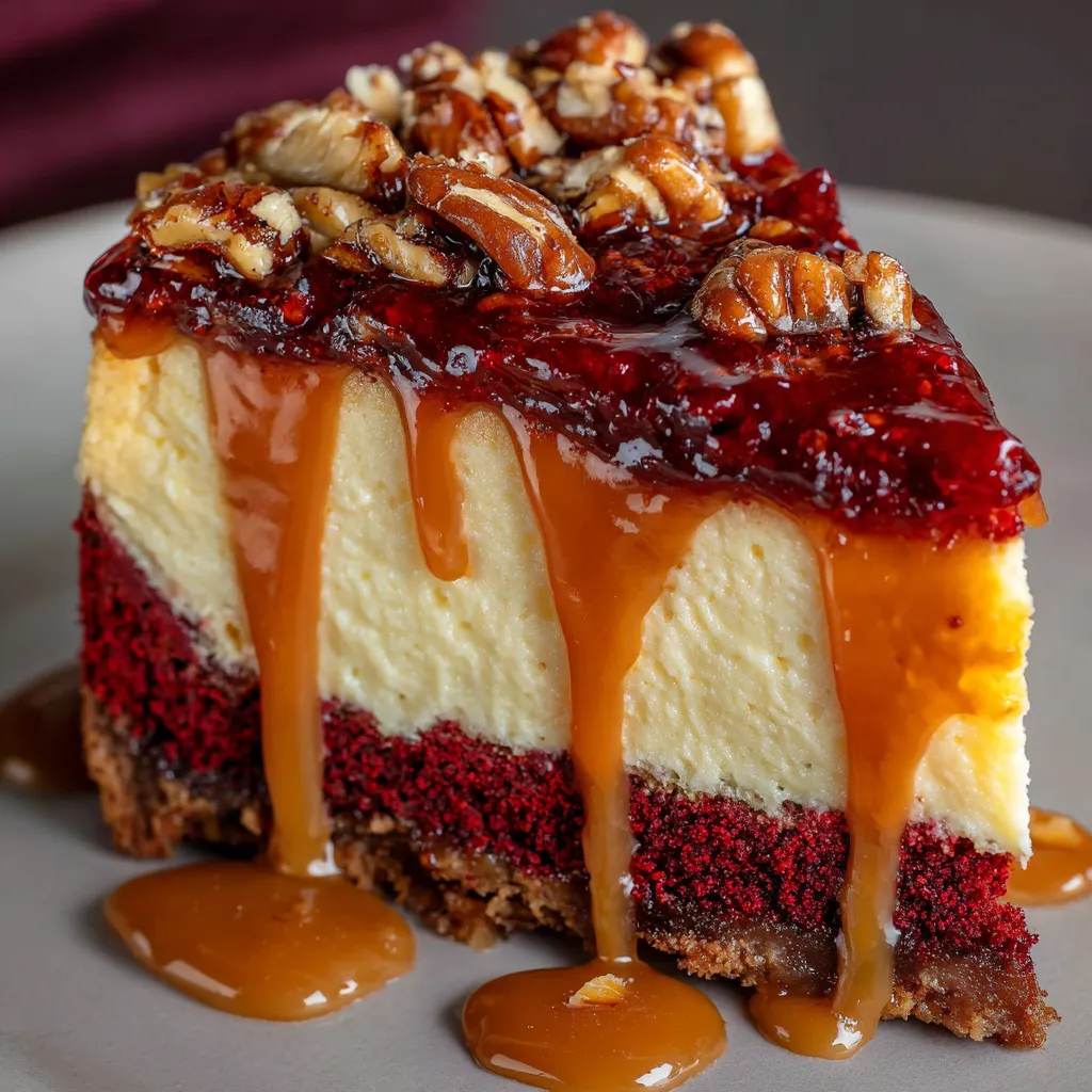 Red velvet cheesecake slice with caramel, pecans, and raspberry drizzle for a vampire bite effect.