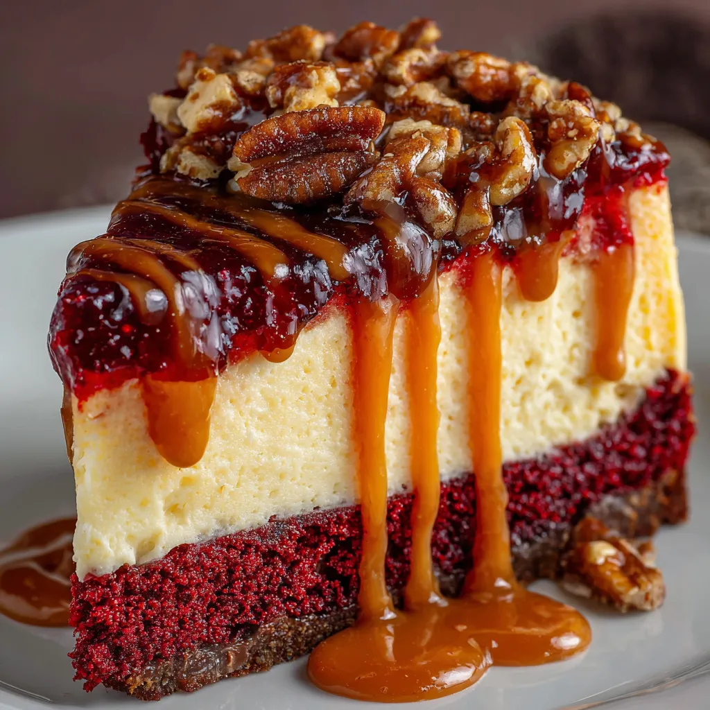 Red velvet cheesecake slice with caramel, pecans, and raspberry drizzle for a vampire bite effect.