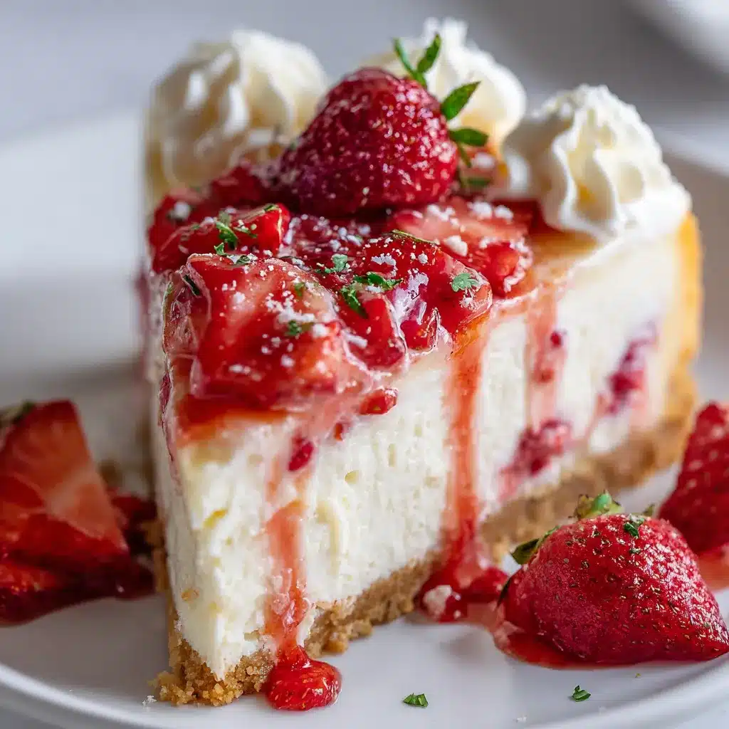 Slice of White Chocolate Strawberry Cheesecake topped with fresh strawberries and white chocolate shavings.