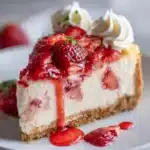 Slice of White Chocolate Strawberry Cheesecake topped with fresh strawberries and white chocolate shavings.