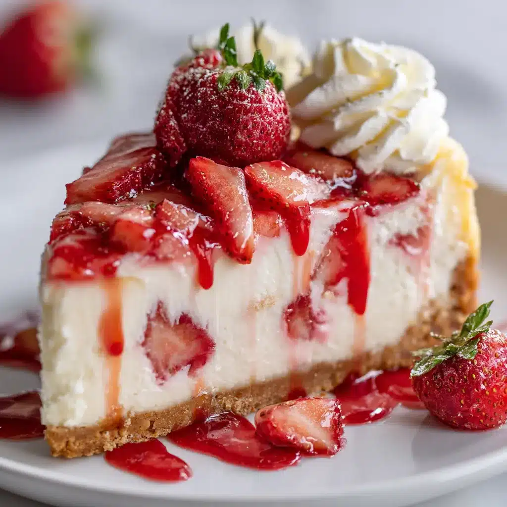 Slice of White Chocolate Strawberry Cheesecake topped with fresh strawberries and white chocolate shavings.