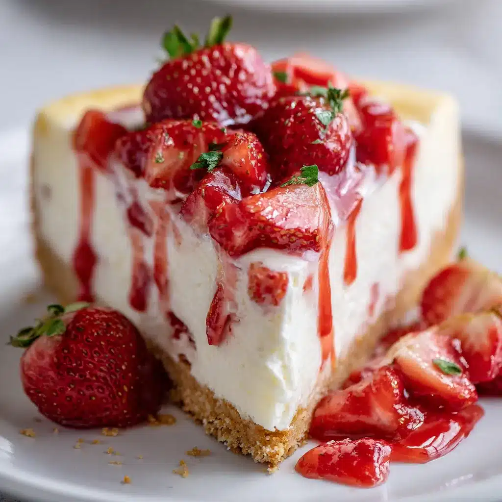 Slice of White Chocolate Strawberry Cheesecake topped with fresh strawberries and white chocolate shavings.
