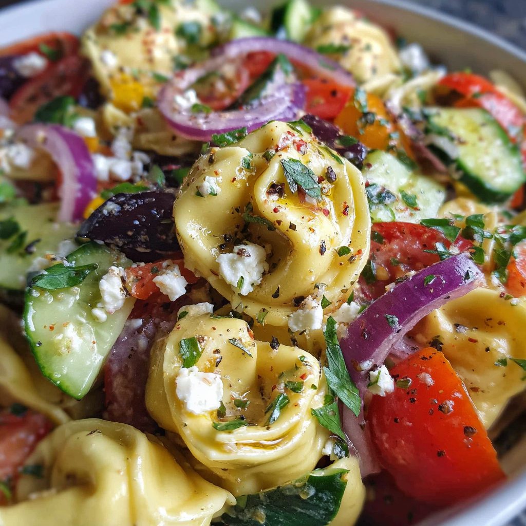 Fresh Greek tortellini pasta salad with tomatoes, cucumbers, olives, and feta in a white serving bowl
