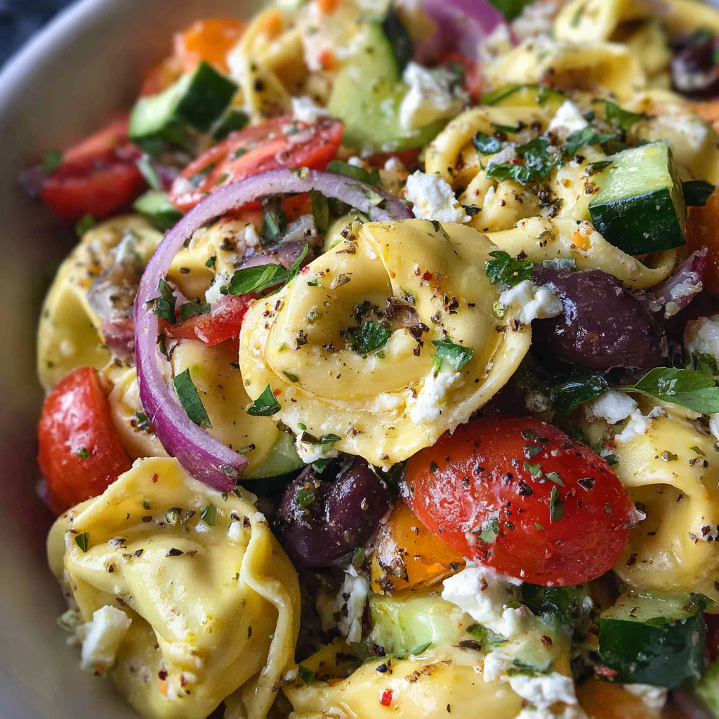 Fresh Greek tortellini pasta salad with tomatoes, cucumbers, olives, and feta in a white serving bowl