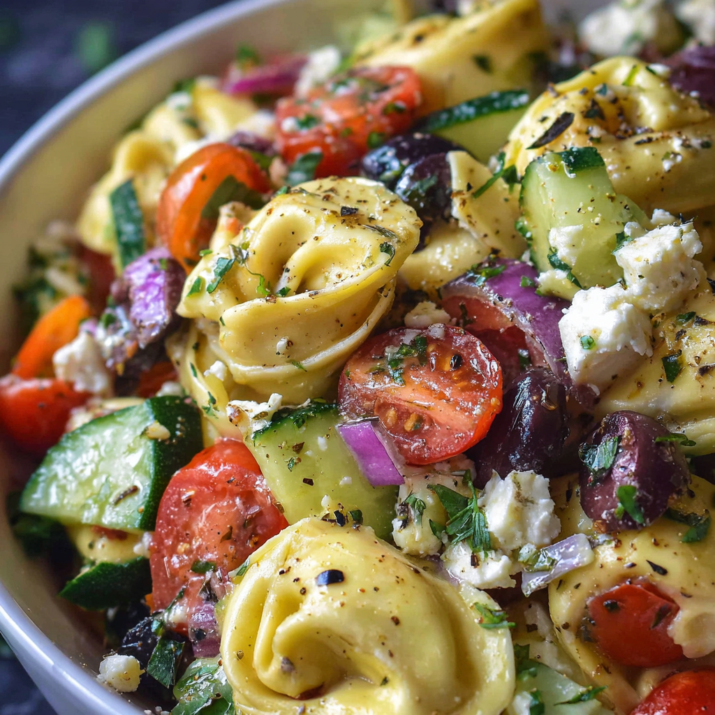 Fresh Greek tortellini pasta salad with tomatoes, cucumbers, olives, and feta in a white serving bowl