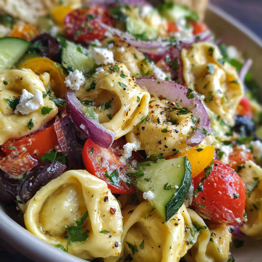 Fresh Greek tortellini pasta salad with tomatoes, cucumbers, olives, and feta in a white serving bowl