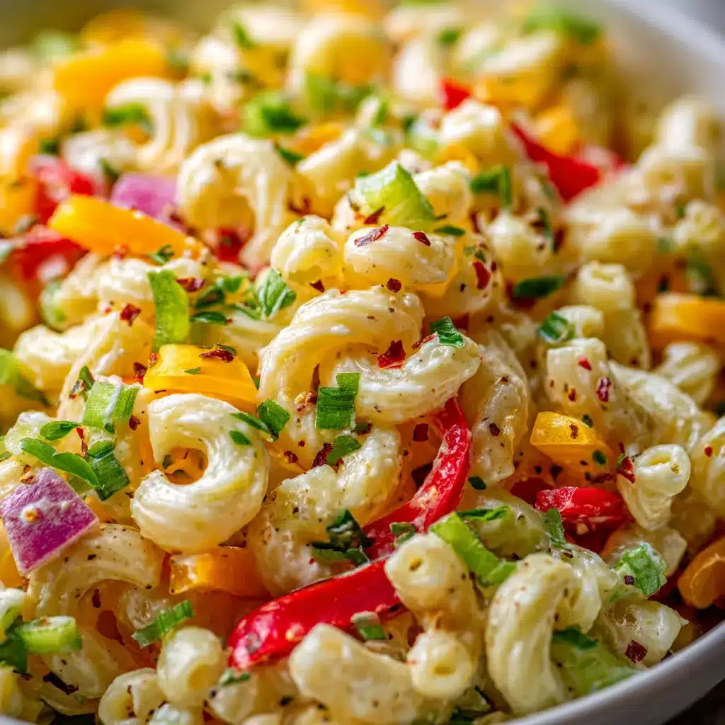 Bowl of classic creamy macaroni salad with diced vegetables and fresh parsley.