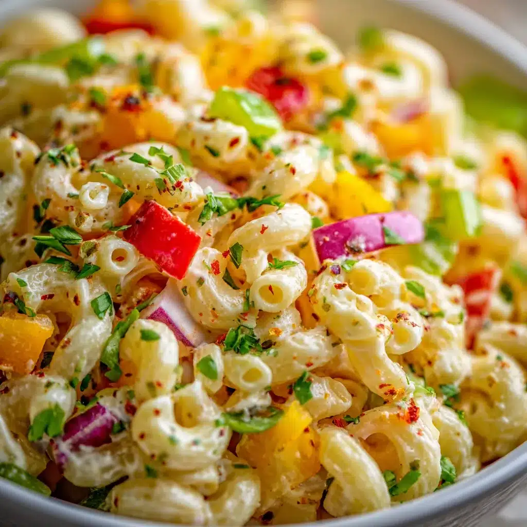 Bowl of classic creamy macaroni salad with diced vegetables and fresh parsley.