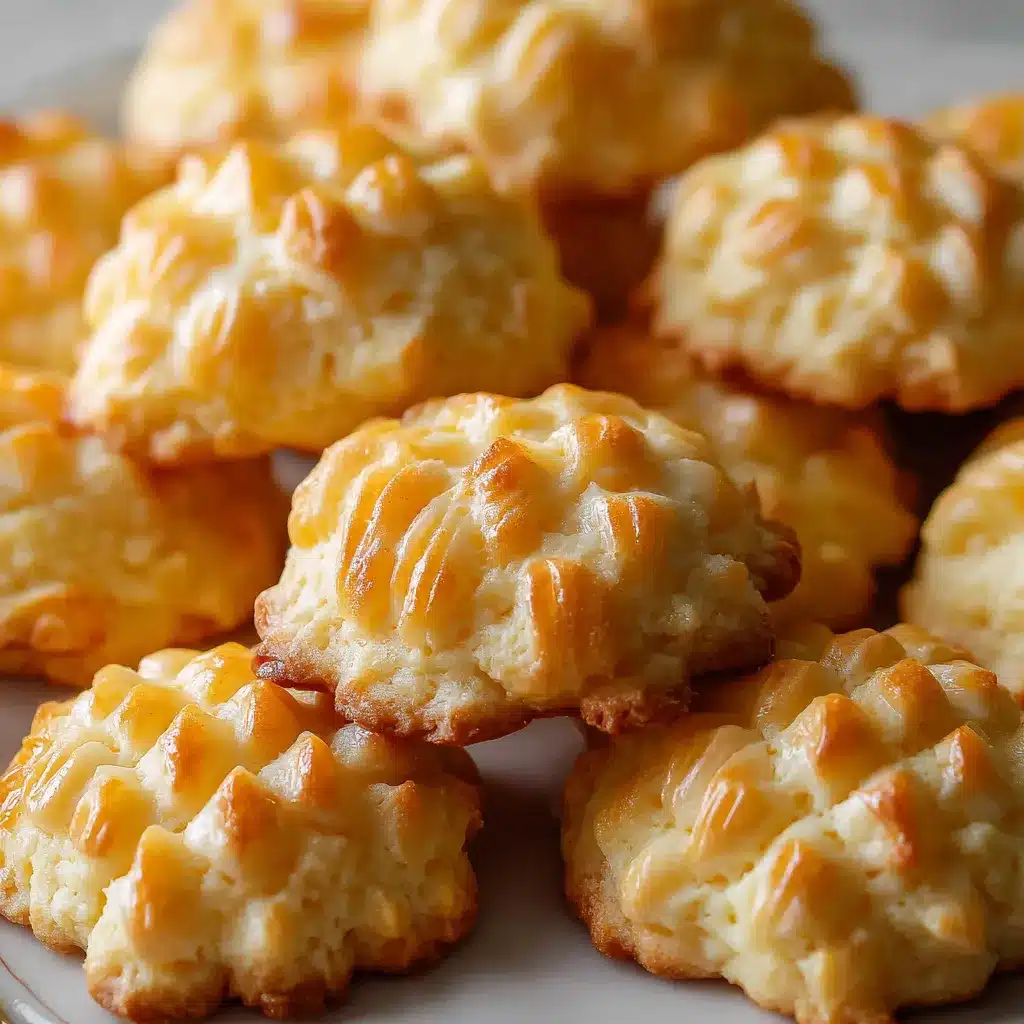 A batch of golden-brown pineapple cookies cooling on a wire rack with pieces of pineapple and coconut in the background.