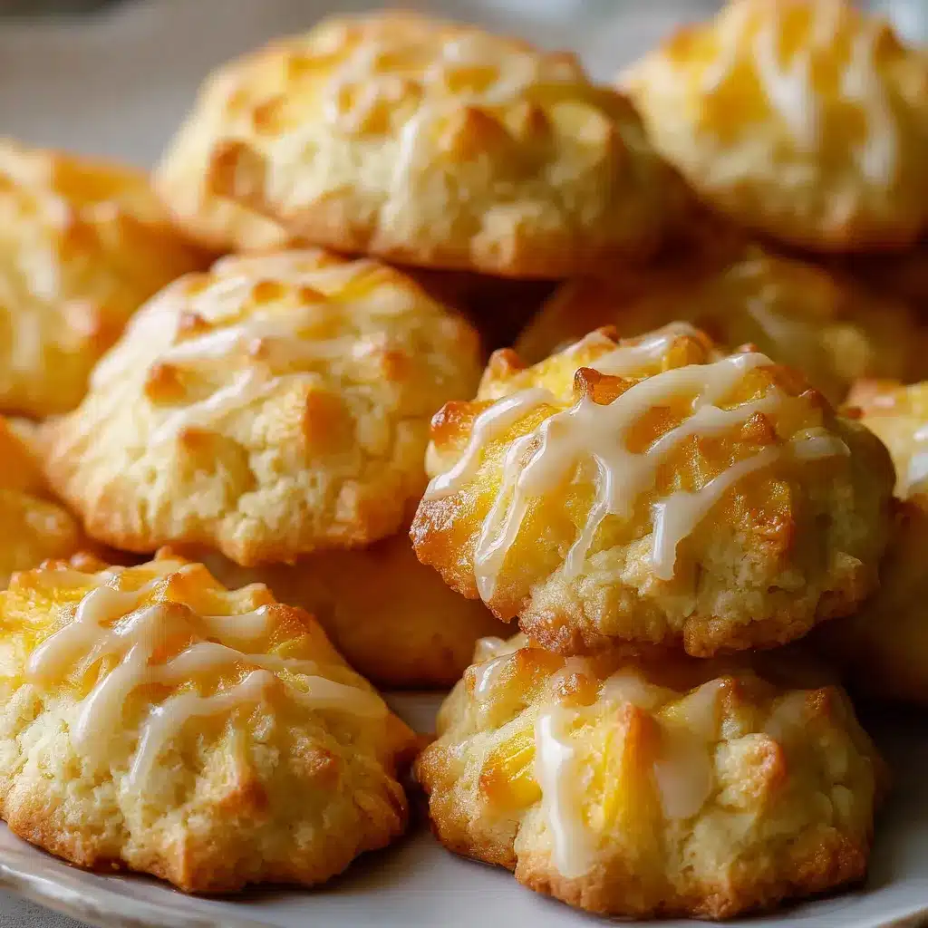 A batch of golden-brown pineapple cookies cooling on a wire rack with pieces of pineapple and coconut in the background.