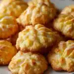 A batch of golden-brown pineapple cookies cooling on a wire rack with pieces of pineapple and coconut in the background.