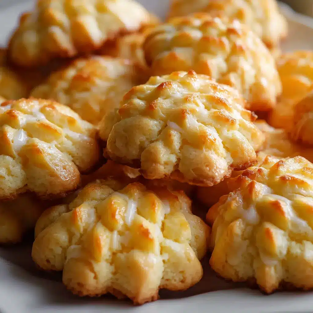 A batch of golden-brown pineapple cookies cooling on a wire rack with pieces of pineapple and coconut in the background.
