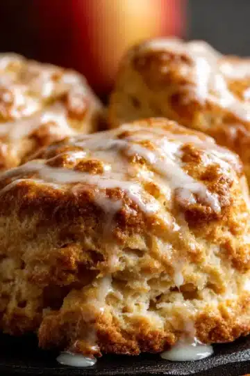 Golden Apple Pie Biscuits filled with cinnamon-spiced apples and drizzled with vanilla glaze.
