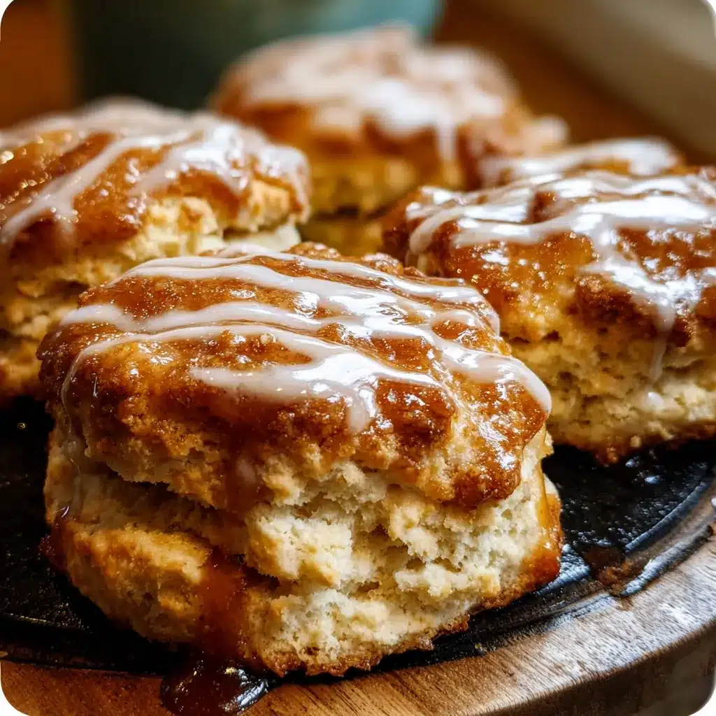 Golden Apple Pie Biscuits filled with cinnamon-spiced apples and drizzled with vanilla glaze.