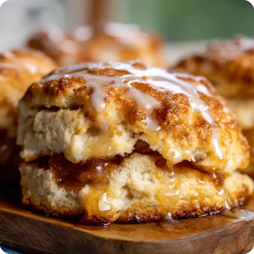 Golden Apple Pie Biscuits filled with cinnamon-spiced apples and drizzled with vanilla glaze.