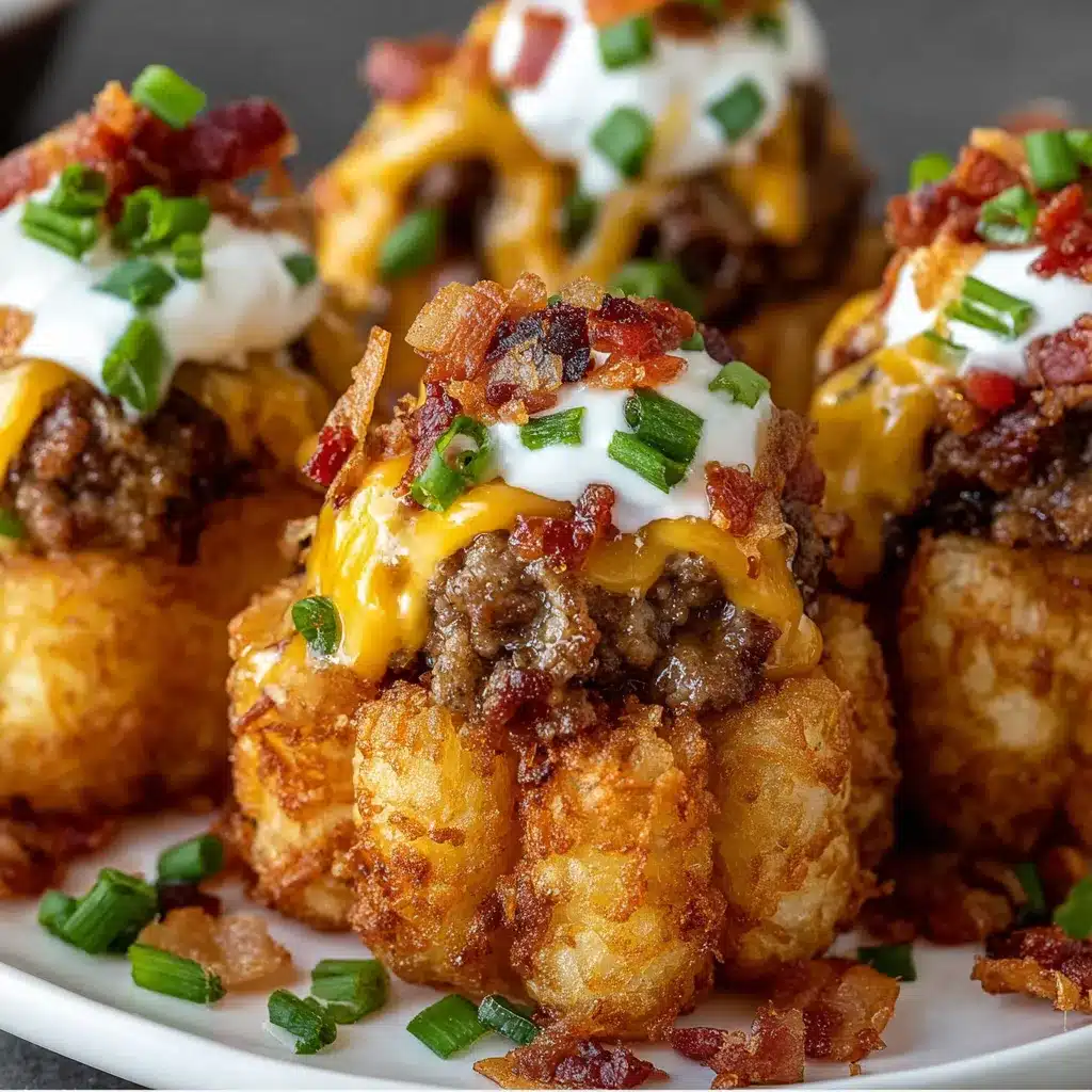 Crispy bacon cheeseburger stuffed tater tot cones with melted cheese and pickles