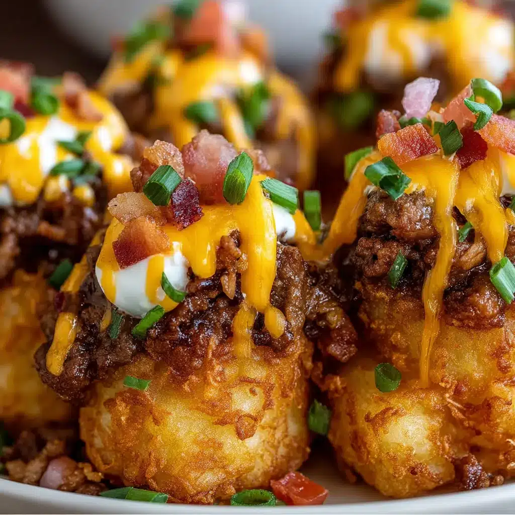 Crispy bacon cheeseburger stuffed tater tot cones with melted cheese and pickles