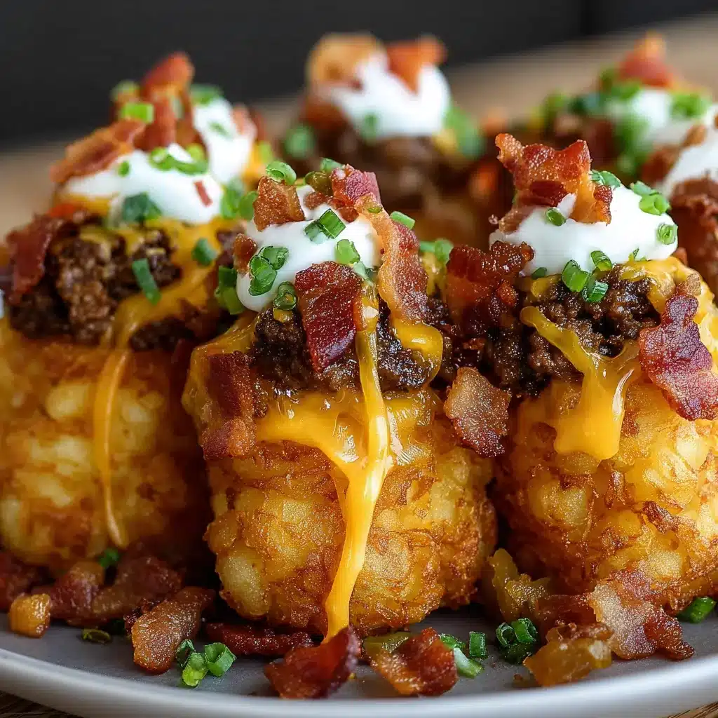 Crispy bacon cheeseburger stuffed tater tot cones with melted cheese and pickles