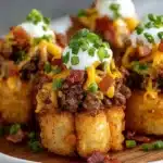 Crispy bacon cheeseburger stuffed tater tot cones with melted cheese and pickles