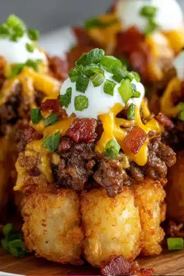 Crispy bacon cheeseburger stuffed tater tot cones with melted cheese and pickles