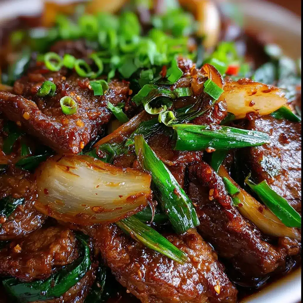 Beef stir-fried with Chinese onions in a savory brown sauce served over white rice.
