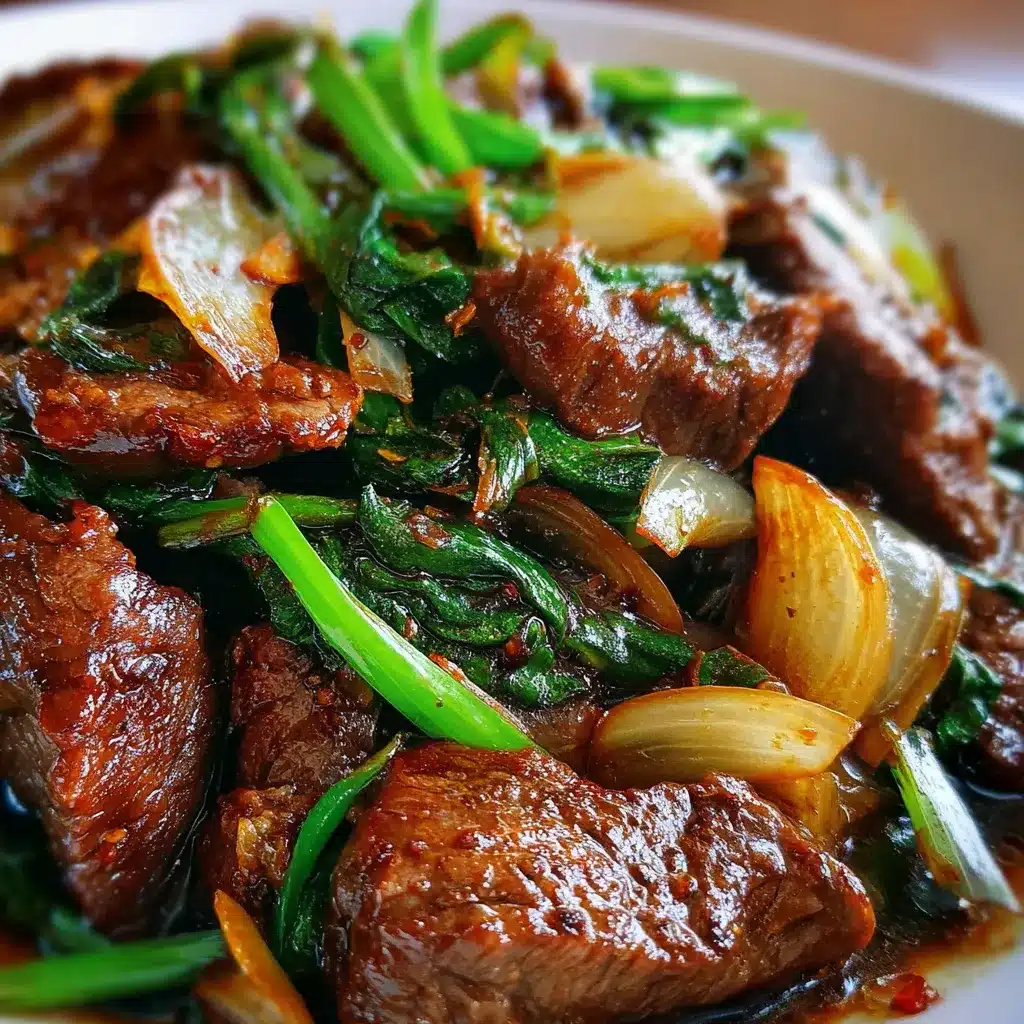 Beef stir-fried with Chinese onions in a savory brown sauce served over white rice.