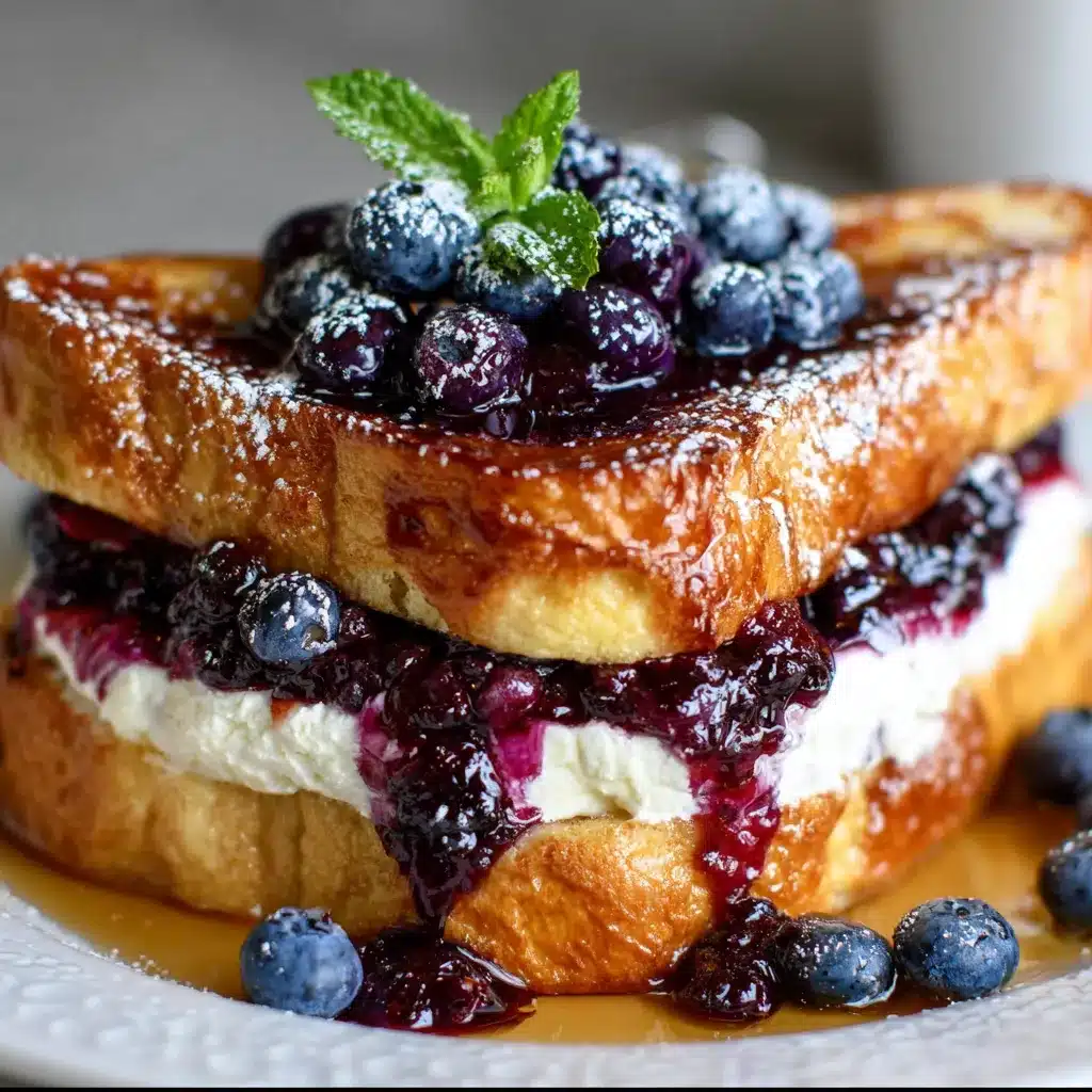 Golden brown blueberry cheesecake stuffed French toast stacked on a plate, drizzled with syrup and fresh berries.