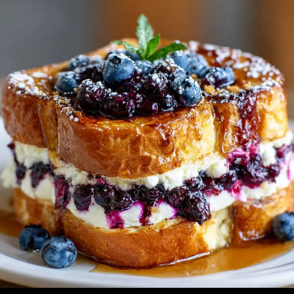 Golden brown blueberry cheesecake stuffed French toast stacked on a plate, drizzled with syrup and fresh berries.