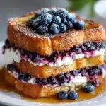 Golden brown blueberry cheesecake stuffed French toast stacked on a plate, drizzled with syrup and fresh berries.