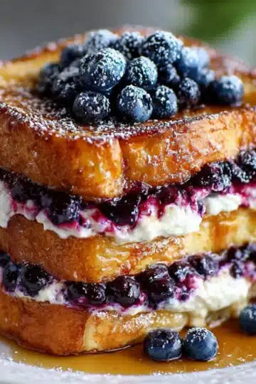 Golden brown blueberry cheesecake stuffed French toast stacked on a plate, drizzled with syrup and fresh berries.