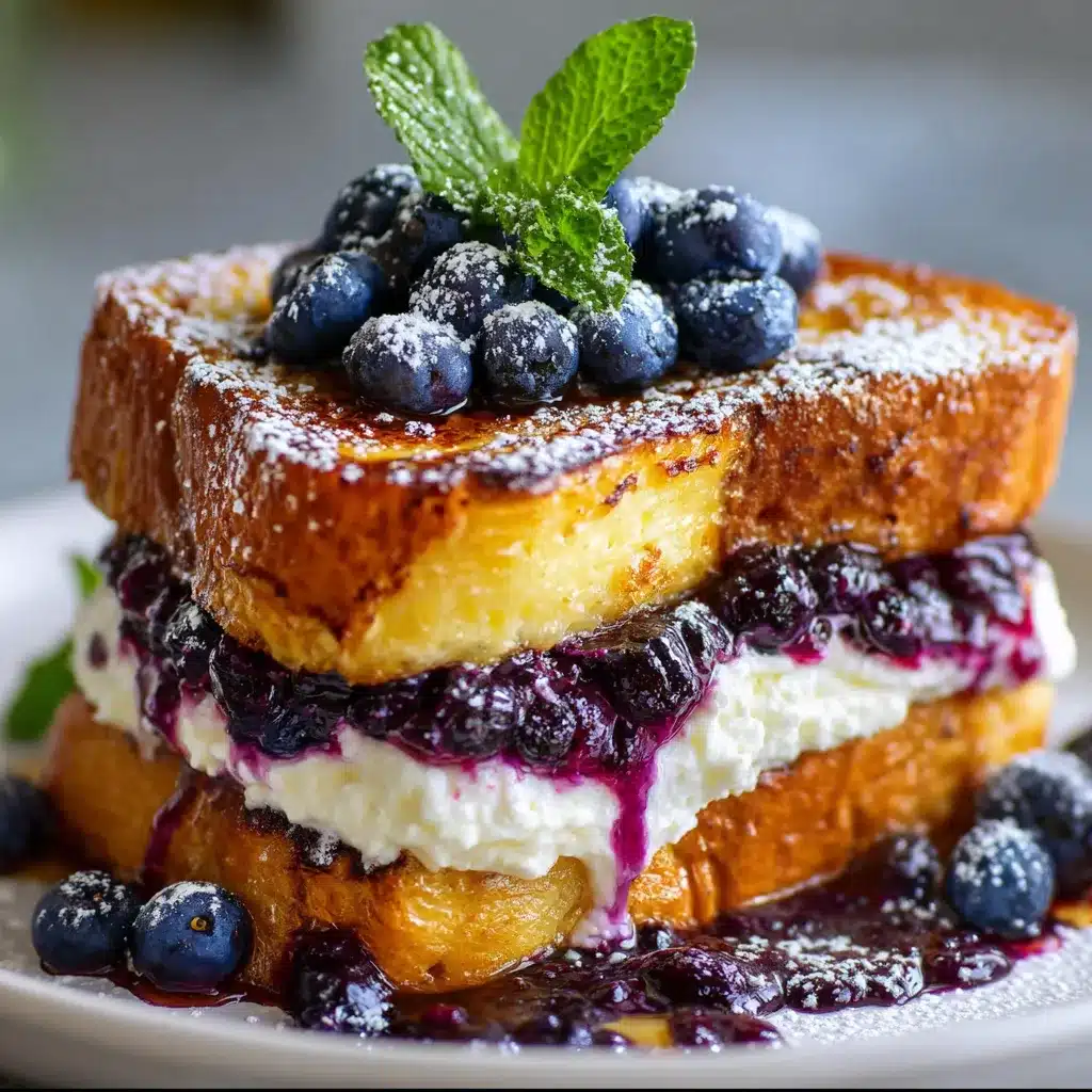 Golden brown blueberry cheesecake stuffed French toast stacked on a plate, drizzled with syrup and fresh berries.