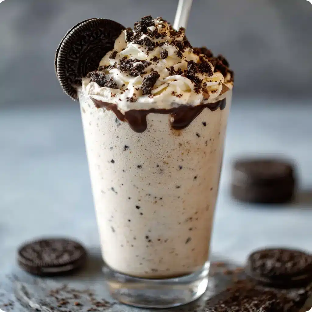 Creamy Boozy Baileys Oreo Milkshake in a frosted glass topped with whipped cream, chocolate drizzle, and crushed Oreos.