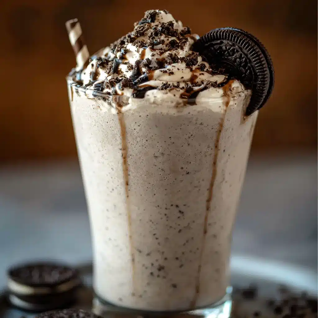 Creamy Boozy Baileys Oreo Milkshake in a frosted glass topped with whipped cream, chocolate drizzle, and crushed Oreos.