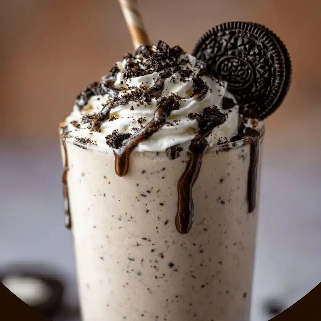 Creamy Boozy Baileys Oreo Milkshake in a frosted glass topped with whipped cream, chocolate drizzle, and crushed Oreos.