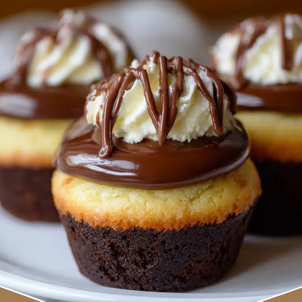 Close-up of Boston Cream Pie Cupcakes with rich chocolate ganache and creamy custard filling