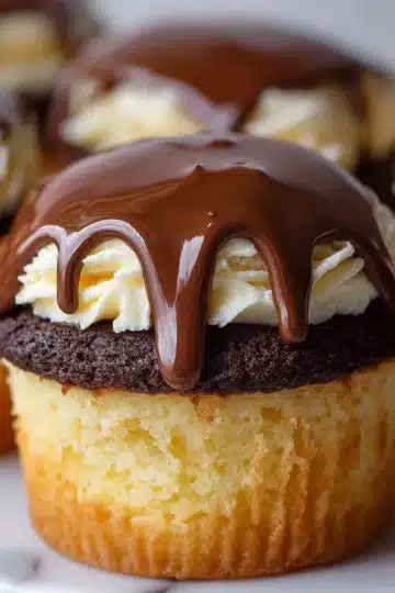 Close-up of Boston Cream Pie Cupcakes with rich chocolate ganache and creamy custard filling