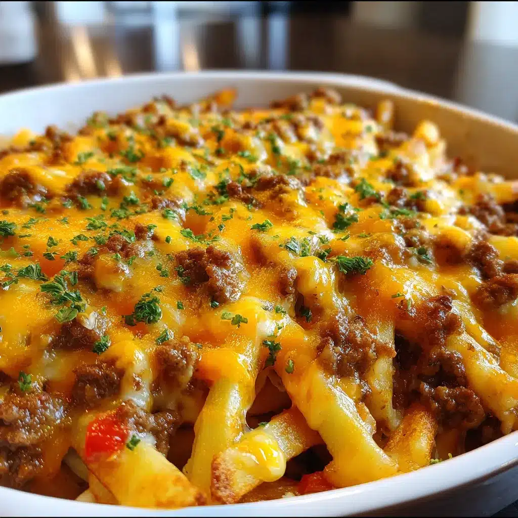 Close-up of a cheesy cheeseburger French fry casserole in a baking dish with melted cheese and crispy fries on top.