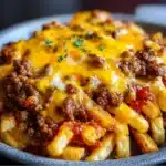 Close-up of a cheesy cheeseburger French fry casserole in a baking dish with melted cheese and crispy fries on top.