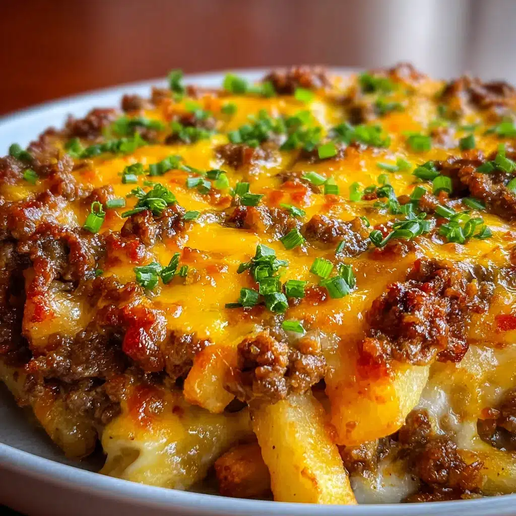 Close-up of a cheesy cheeseburger French fry casserole in a baking dish with melted cheese and crispy fries on top.