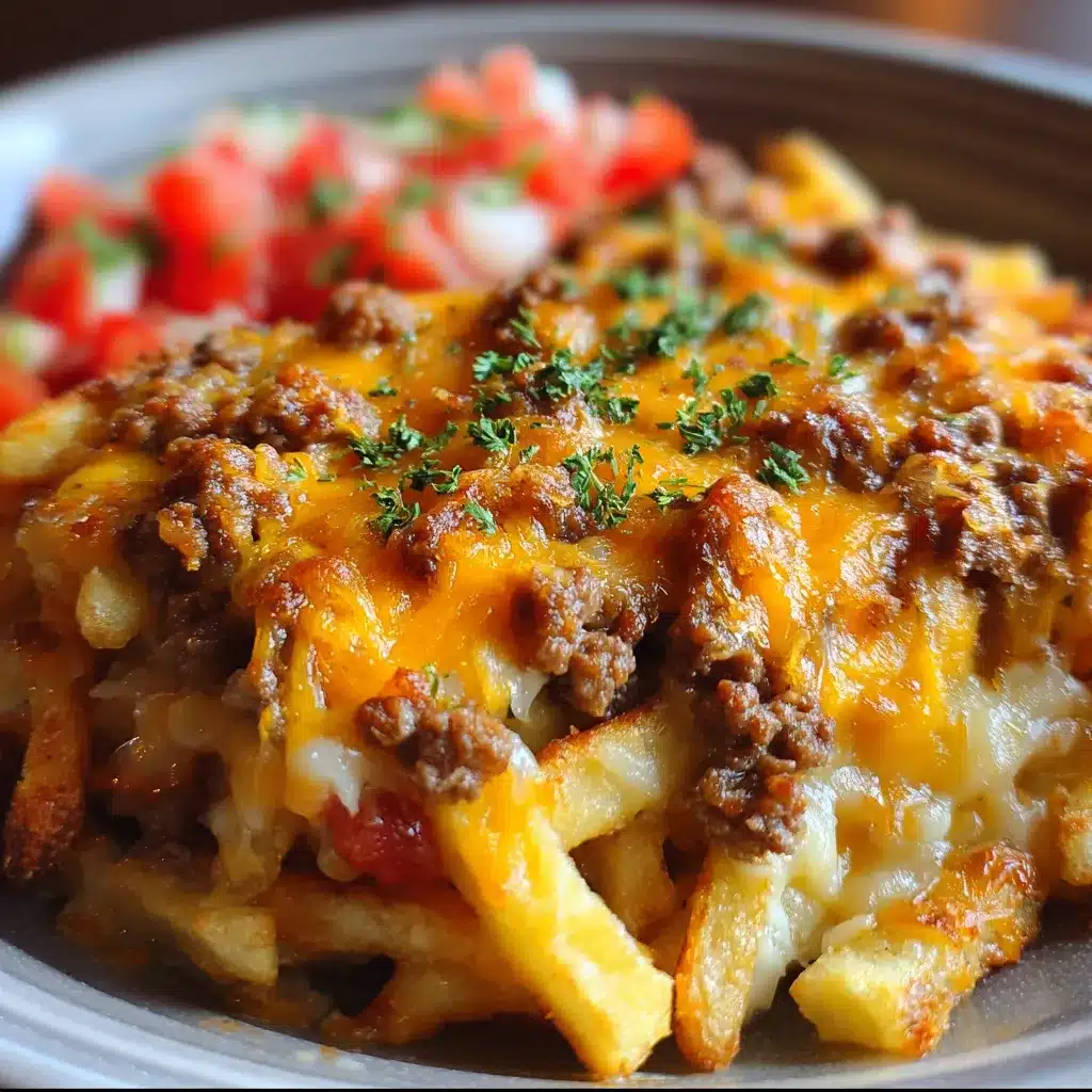 Close-up of a cheesy cheeseburger French fry casserole in a baking dish with melted cheese and crispy fries on top.
