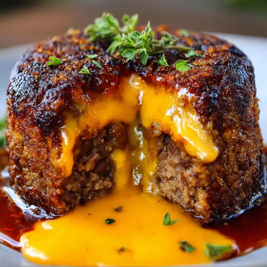 Cheeseburger lava cake cut open with gooey cheddar cheese spilling out of the center on a toasted brioche bun.