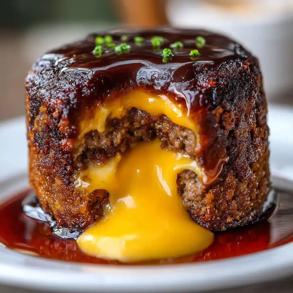 Cheeseburger lava cake cut open with gooey cheddar cheese spilling out of the center on a toasted brioche bun.