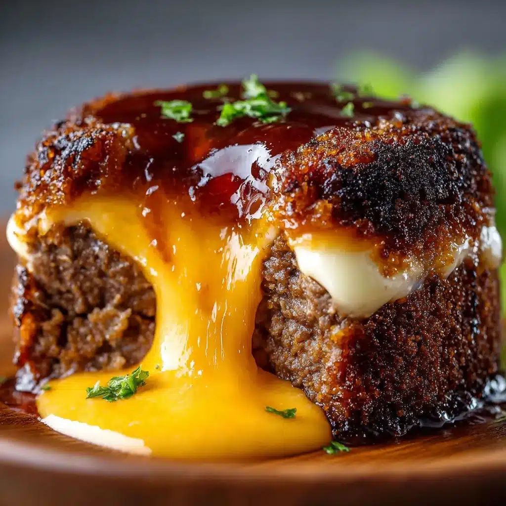 Cheeseburger lava cake cut open with gooey cheddar cheese spilling out of the center on a toasted brioche bun.