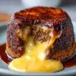 Cheeseburger lava cake cut open with gooey cheddar cheese spilling out of the center on a toasted brioche bun.