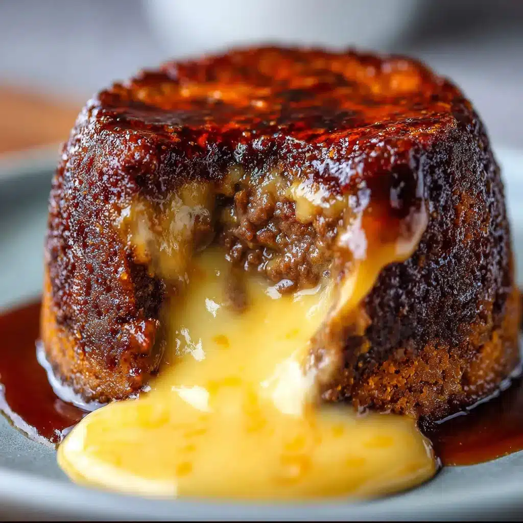 Cheeseburger lava cake cut open with gooey cheddar cheese spilling out of the center on a toasted brioche bun.