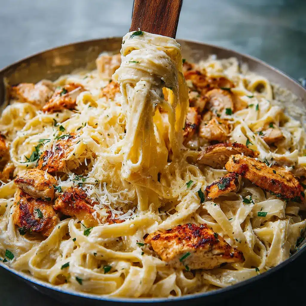 Cheesy Cajun Alfredo Pasta Chicken in a creamy Parmesan sauce with bell peppers and parsley garnish.